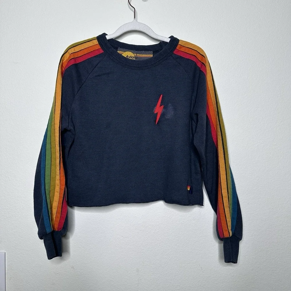 AVIATOR NATION Bolt Cropped Classic Five Stripe Crewneck Sweatshirt Charcoal S - Picture 1 of 6